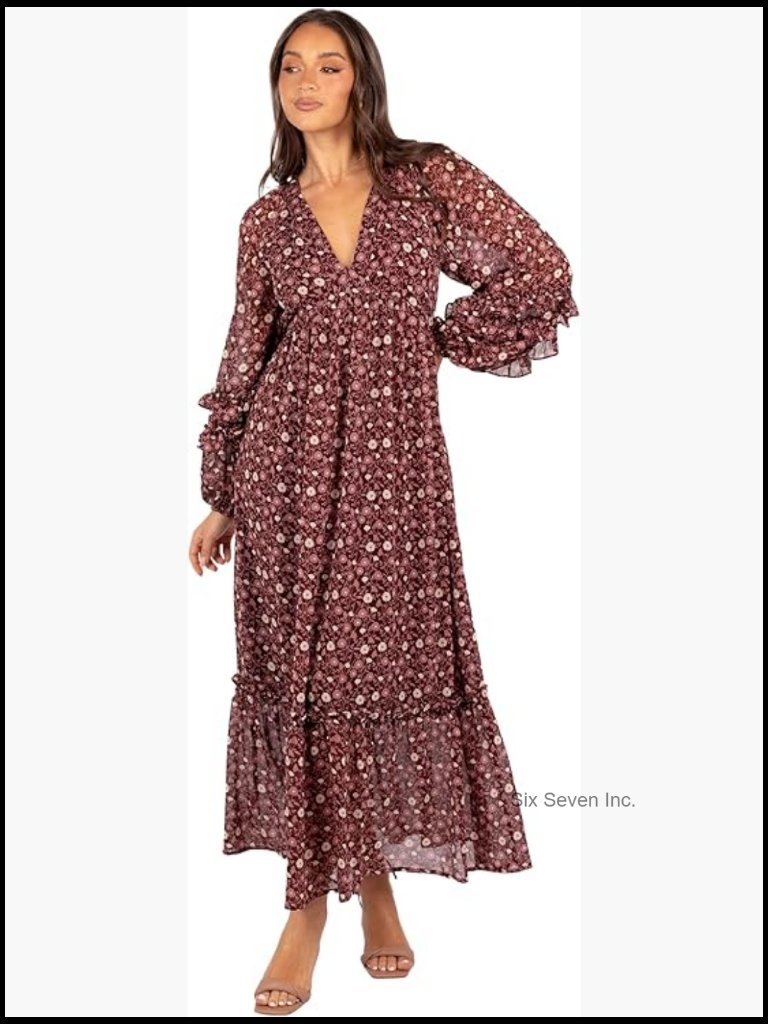 Long Sleeve Maxi Dress With V Neck And Sheer Sleeves